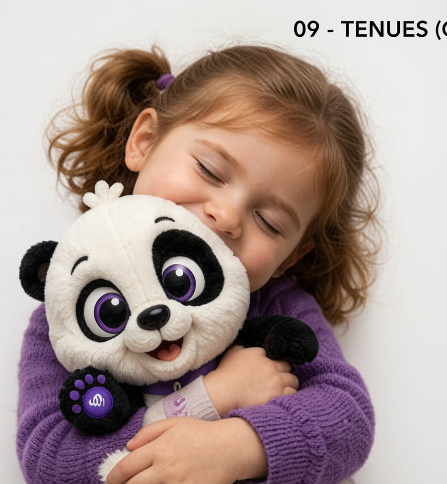 Une petite fille serre Padoo dans ses bras
