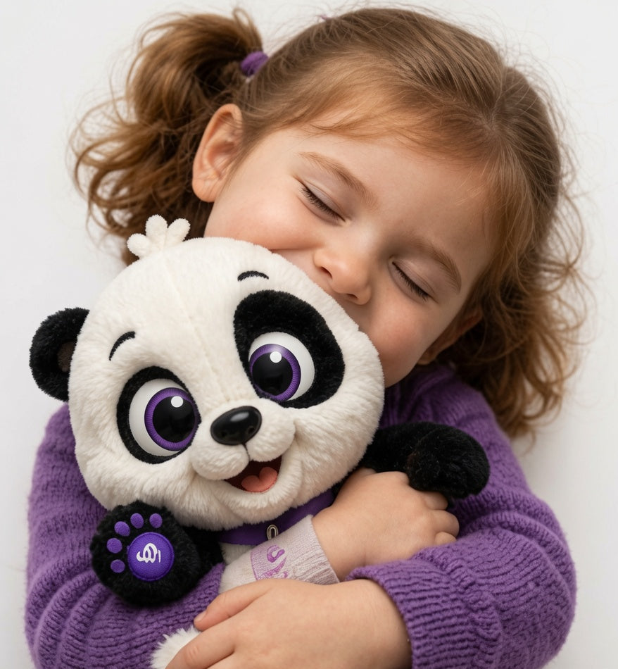 Une petite fille aux yeux fermés serre tendrement sa peluche Padoo